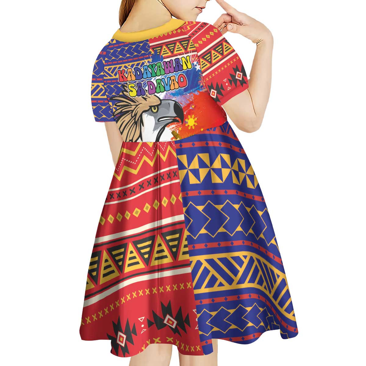 Philippines Kadayawan Kid Short Sleeve Dress Filipino Eagle Durian with Polynesian and Igorots Pattern