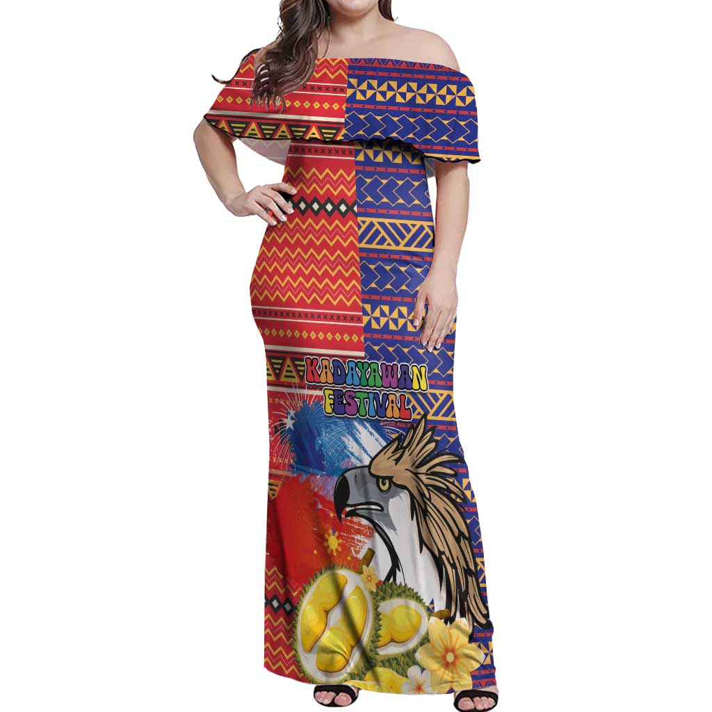 Philippines Kadayawan Off Shoulder Maxi Dress Filipino Eagle Durian with Polynesian and Igorots Pattern