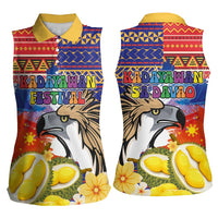 Philippines Kadayawan Women Sleeveless Polo Shirt Filipino Eagle Durian with Polynesian and Igorots Pattern