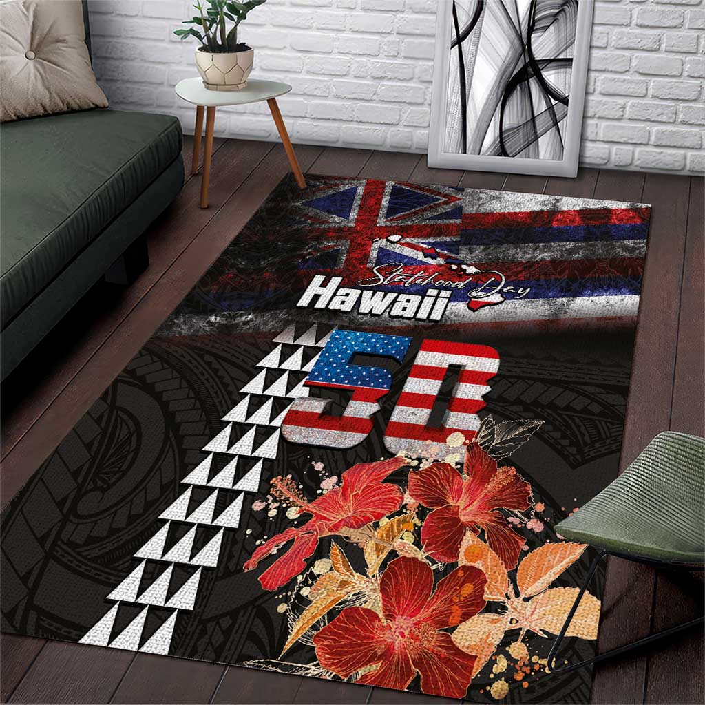 Hawaii Statehood Day Area Rug 50th state of the United States Kakau Tattoos and Hibiscus Grunge - Polynesian Pride