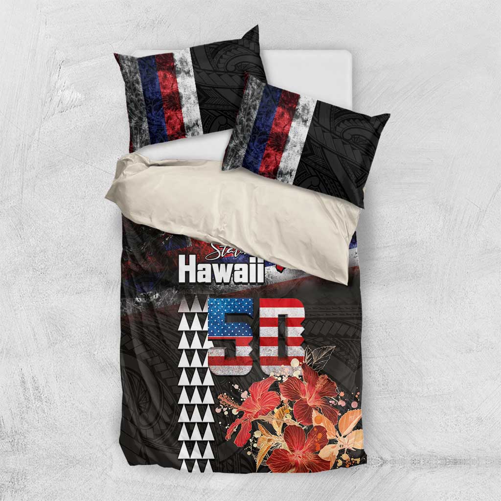 Hawaii Statehood Day Bedding Set 50th state of the United States Kakau Tattoos and Hibiscus Grunge - Polynesian Pride