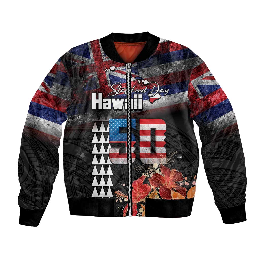 Hawaii Statehood Day Bomber Jacket 50th state of the United States Kakau Tattoos and Hibiscus Grunge - Polynesian Pride