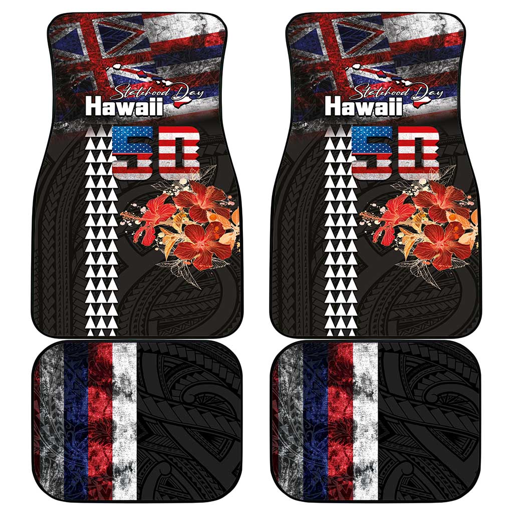 Hawaii Statehood Day Car Mats 50th state of the United States Kakau Tattoos and Hibiscus Grunge - Polynesian Pride