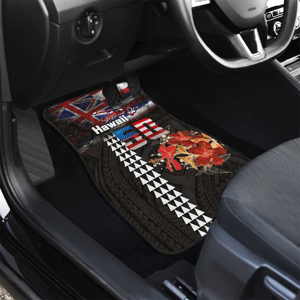 Hawaii Statehood Day Car Mats 50th state of the United States Kakau Tattoos and Hibiscus Grunge - Polynesian Pride