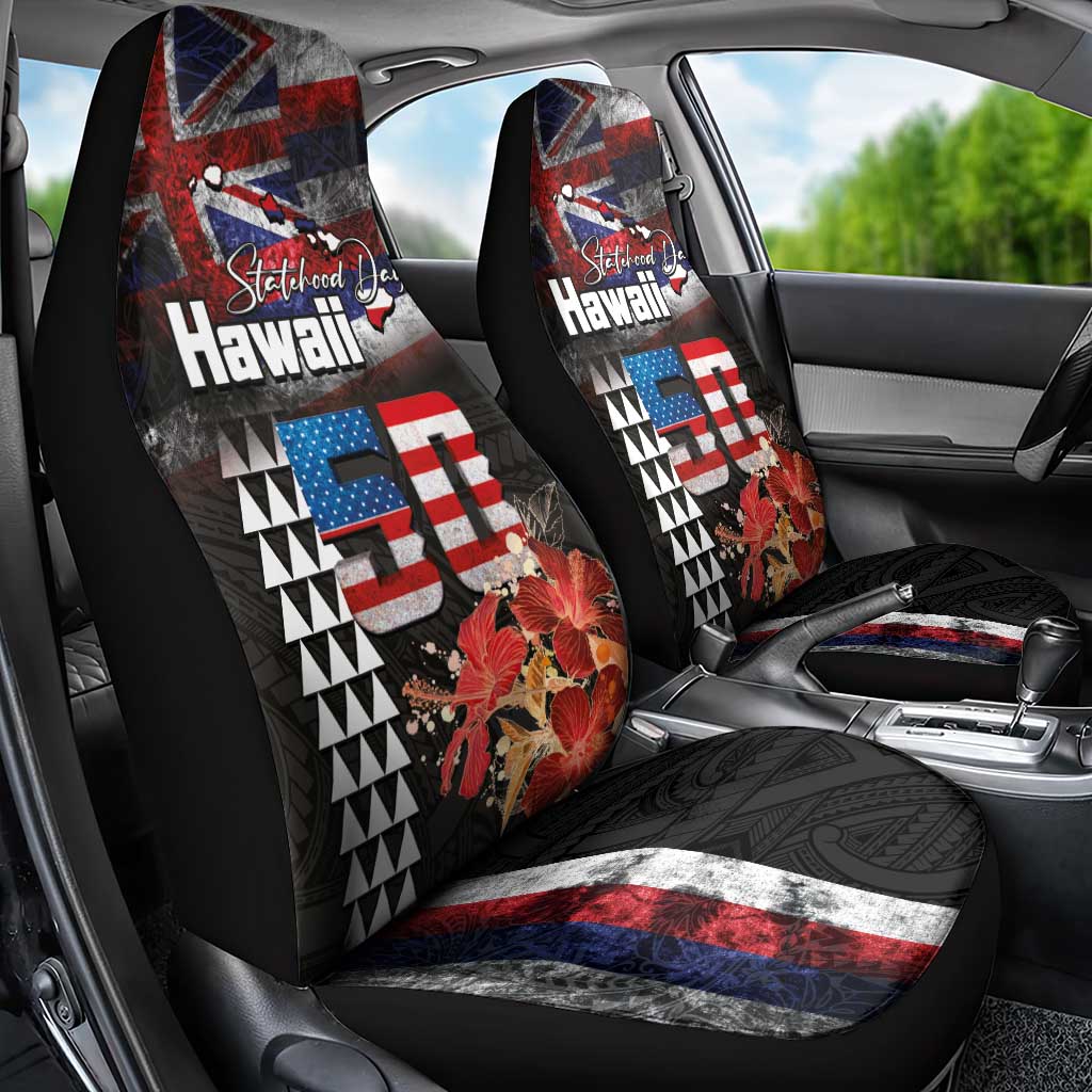 Hawaii Statehood Day Car Seat Cover 50th state of the United States Kakau Tattoos and Hibiscus Grunge - Polynesian Pride