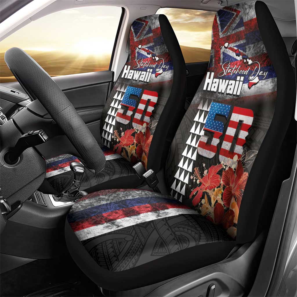 Hawaii Statehood Day Car Seat Cover 50th state of the United States Kakau Tattoos and Hibiscus Grunge - Polynesian Pride
