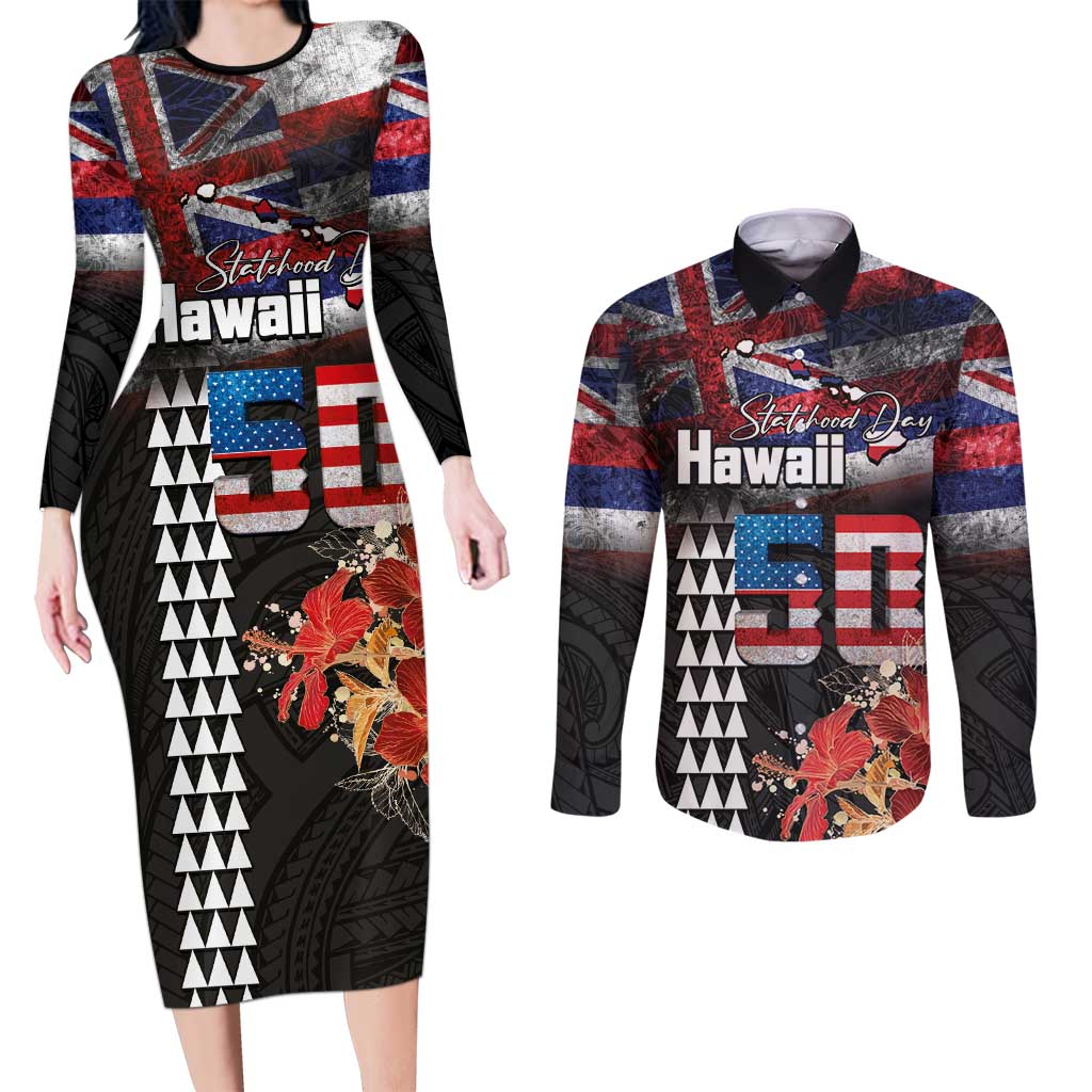 Hawaii Statehood Day Couples Matching Long Sleeve Bodycon Dress and Long Sleeve Button Shirt 50th state of the United States Kakau Tattoos and Hibiscus Grunge LT03 Black - Polynesian Pride