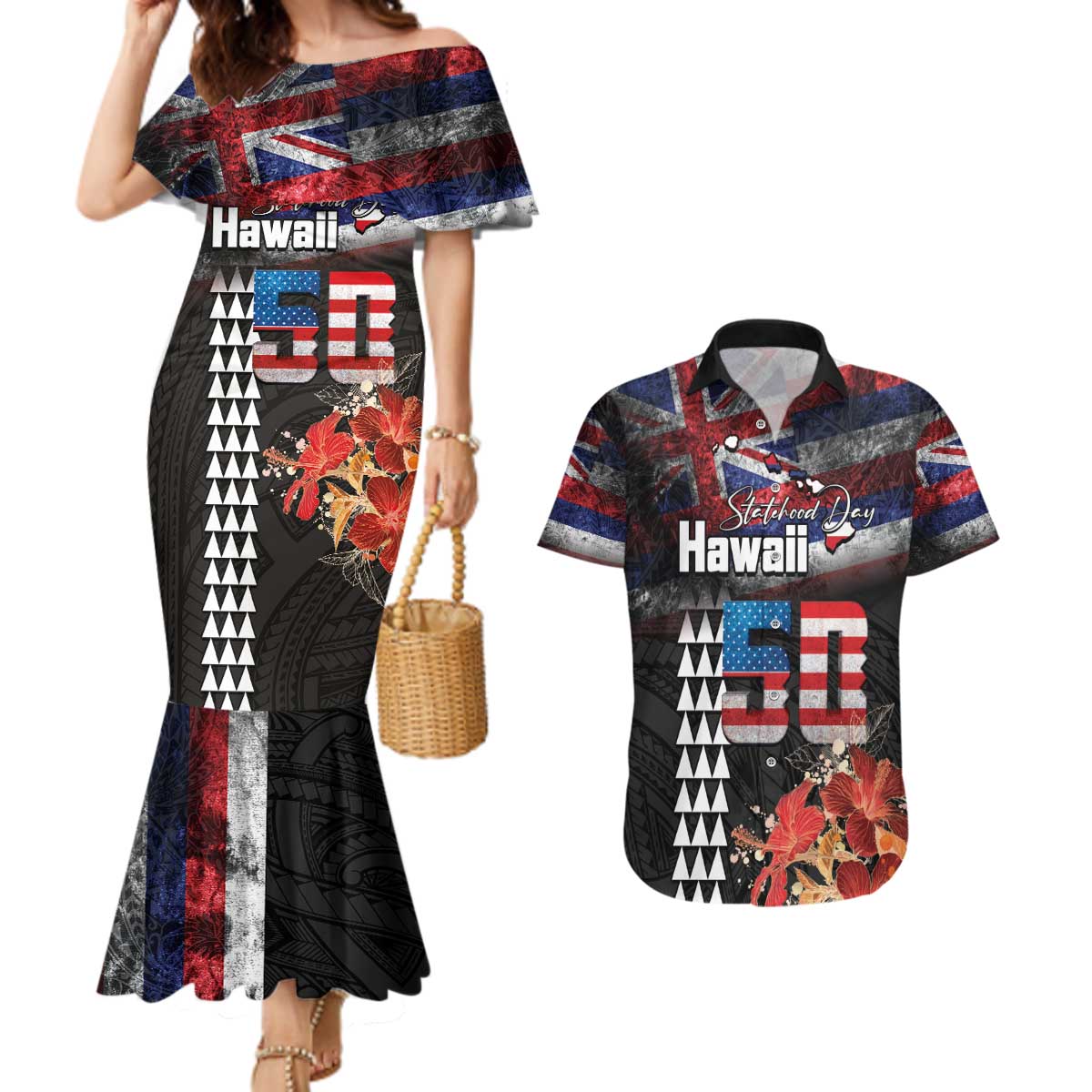 Hawaii Statehood Day Couples Matching Mermaid Dress and Hawaiian Shirt 50th state of the United States Kakau Tattoos and Hibiscus Grunge LT03 Black - Polynesian Pride
