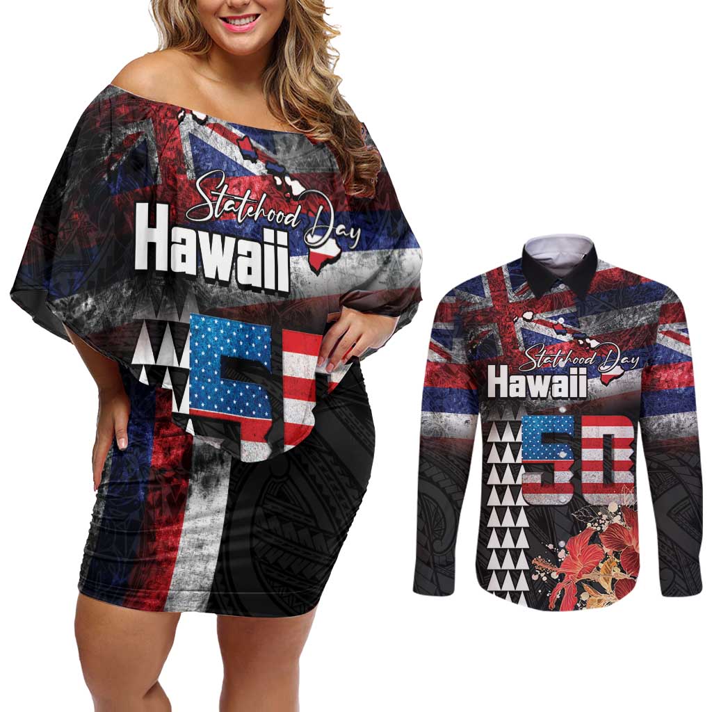 Hawaii Statehood Day Couples Matching Off Shoulder Short Dress and Long Sleeve Button Shirt 50th state of the United States Kakau Tattoos and Hibiscus Grunge LT03 Black - Polynesian Pride