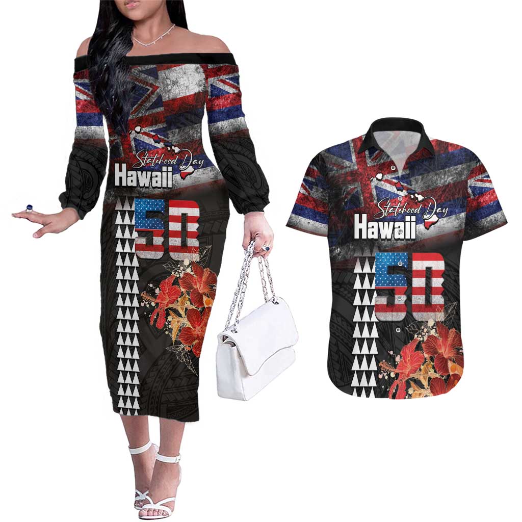 Hawaii Statehood Day Couples Matching Off The Shoulder Long Sleeve Dress and Hawaiian Shirt 50th state of the United States Kakau Tattoos and Hibiscus Grunge LT03 Black - Polynesian Pride