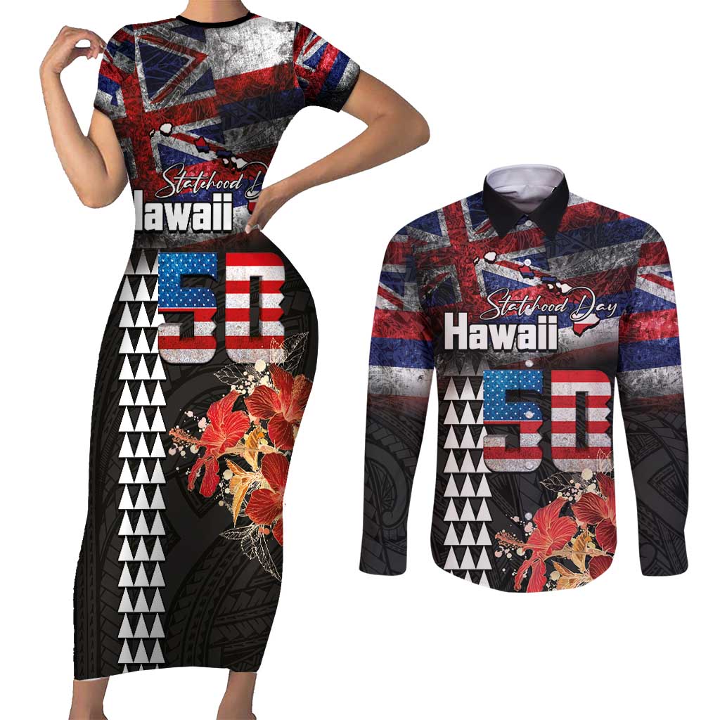 Hawaii Statehood Day Couples Matching Short Sleeve Bodycon Dress and Long Sleeve Button Shirt 50th state of the United States Kakau Tattoos and Hibiscus Grunge LT03 Black - Polynesian Pride
