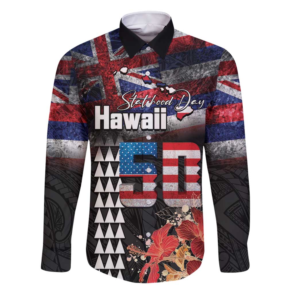 Hawaii Statehood Day Family Matching Long Sleeve Bodycon Dress and Hawaiian Shirt 50th state of the United States Kakau Tattoos and Hibiscus Grunge - Polynesian Pride