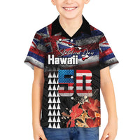 Hawaii Statehood Day Family Matching Long Sleeve Bodycon Dress and Hawaiian Shirt 50th state of the United States Kakau Tattoos and Hibiscus Grunge - Polynesian Pride