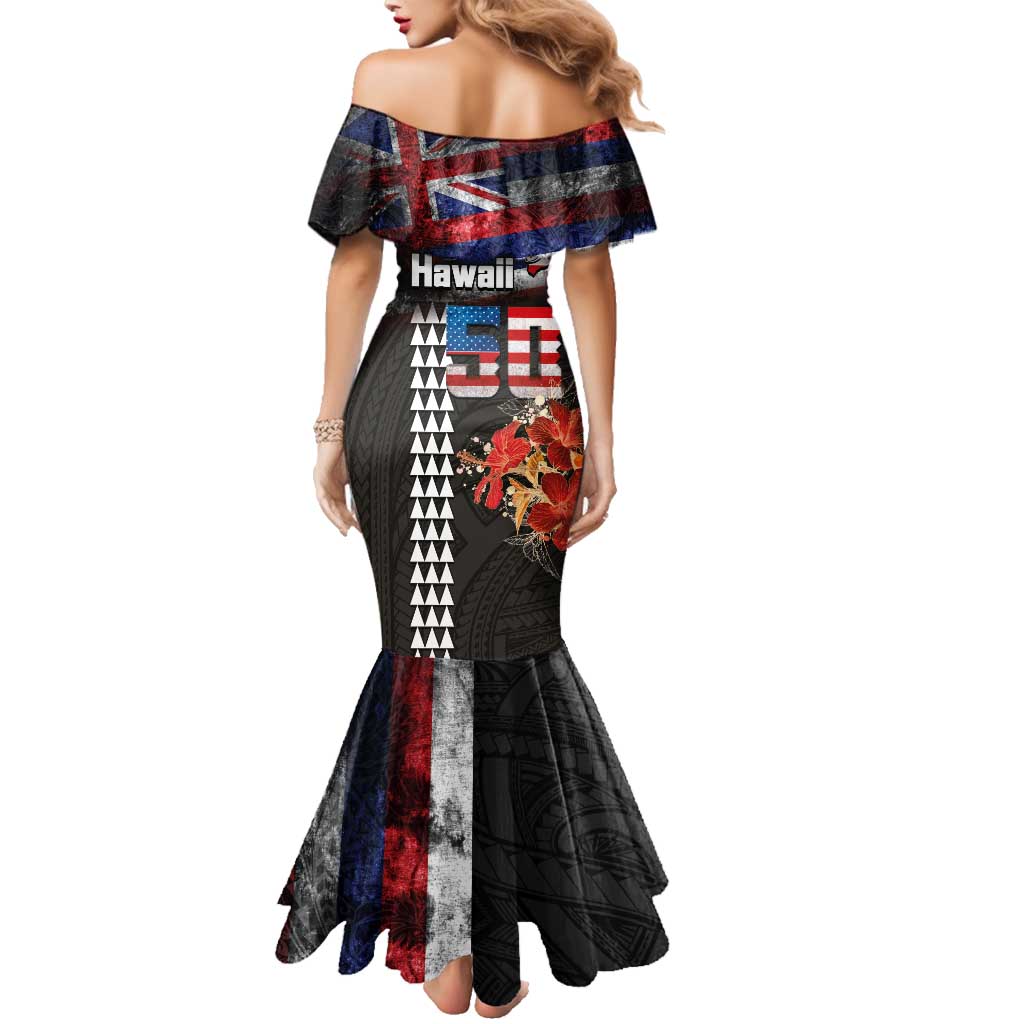Hawaii Statehood Day Family Matching Mermaid Dress and Hawaiian Shirt 50th state of the United States Kakau Tattoos and Hibiscus Grunge - Polynesian Pride