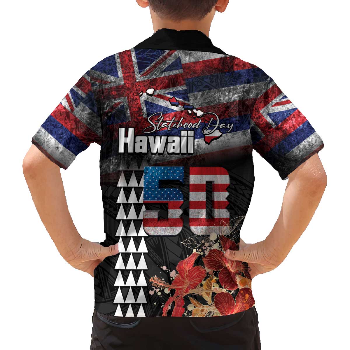 Hawaii Statehood Day Family Matching Off The Shoulder Long Sleeve Dress and Hawaiian Shirt 50th state of the United States Kakau Tattoos and Hibiscus Grunge - Polynesian Pride