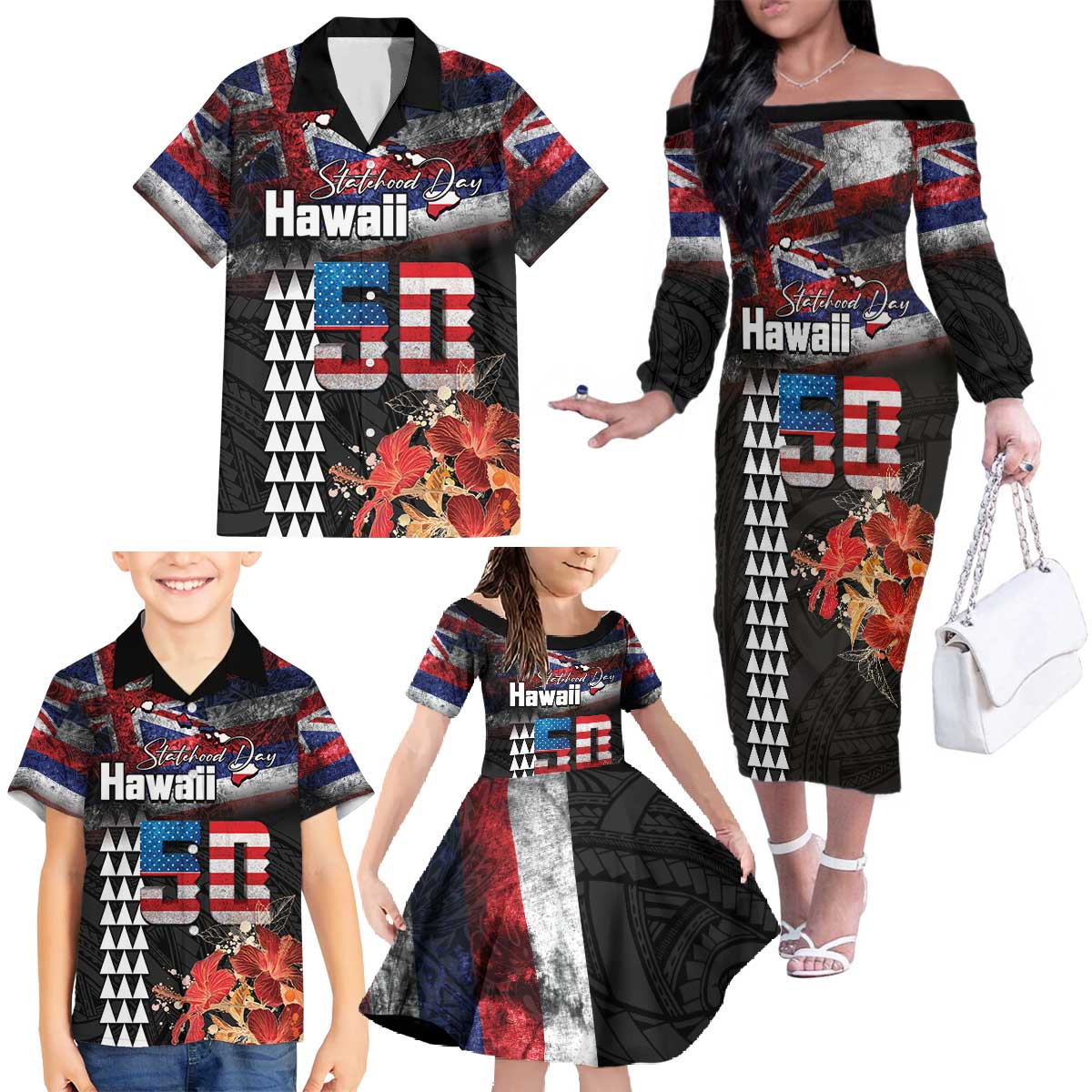 Hawaii Statehood Day Family Matching Off The Shoulder Long Sleeve Dress and Hawaiian Shirt 50th state of the United States Kakau Tattoos and Hibiscus Grunge LT03 - Polynesian Pride