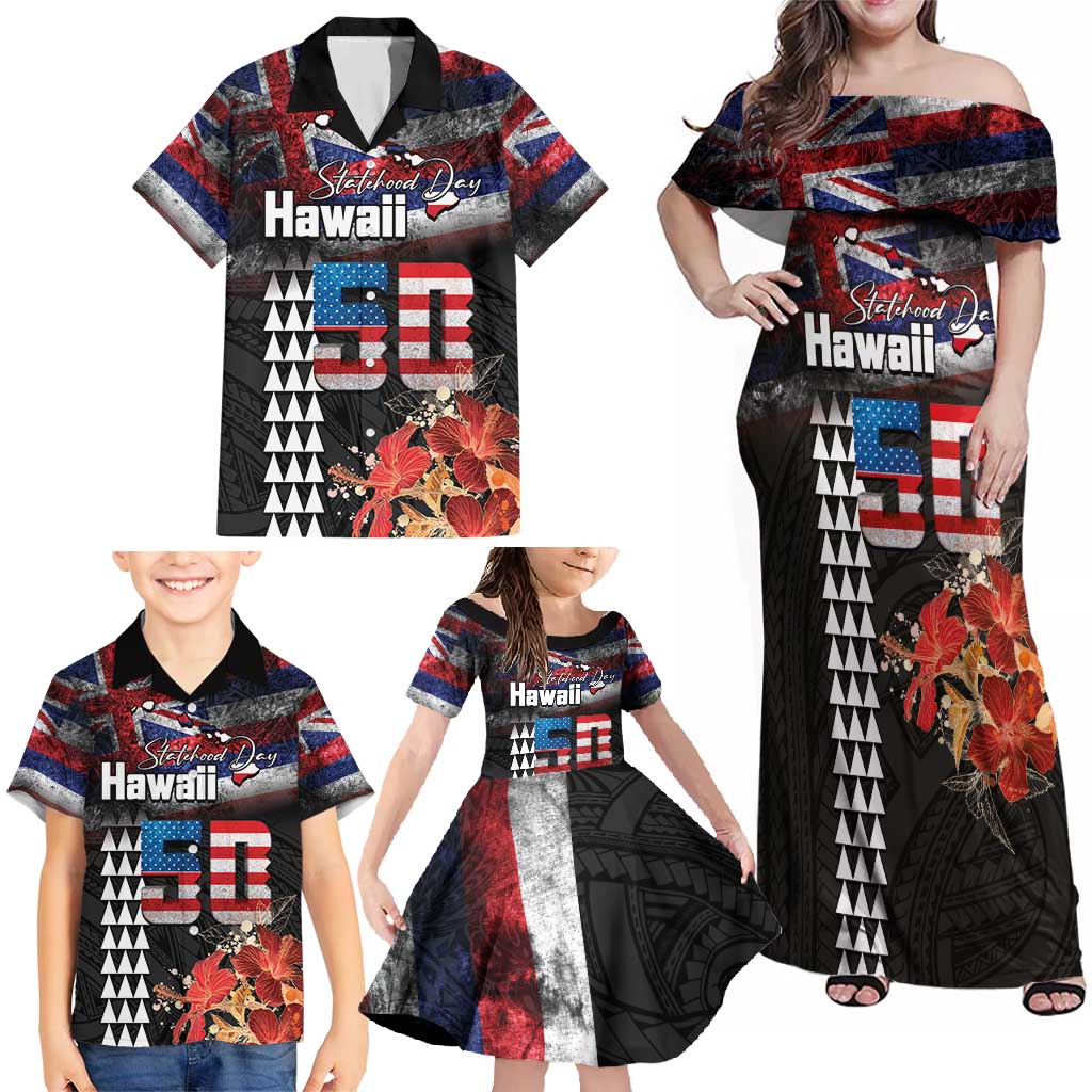 Hawaii Statehood Day Family Matching Off Shoulder Maxi Dress and Hawaiian Shirt 50th state of the United States Kakau Tattoos and Hibiscus Grunge LT03 - Polynesian Pride