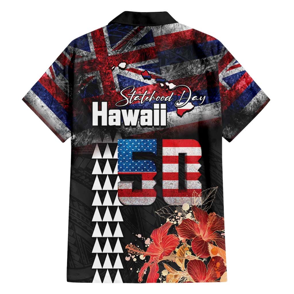 Hawaii Statehood Day Family Matching Off Shoulder Short Dress and Hawaiian Shirt 50th state of the United States Kakau Tattoos and Hibiscus Grunge - Polynesian Pride