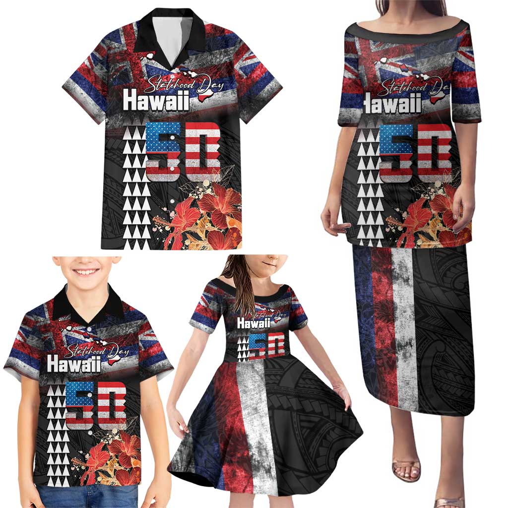 Hawaii Statehood Day Family Matching Puletasi and Hawaiian Shirt 50th state of the United States Kakau Tattoos and Hibiscus Grunge LT03 - Polynesian Pride