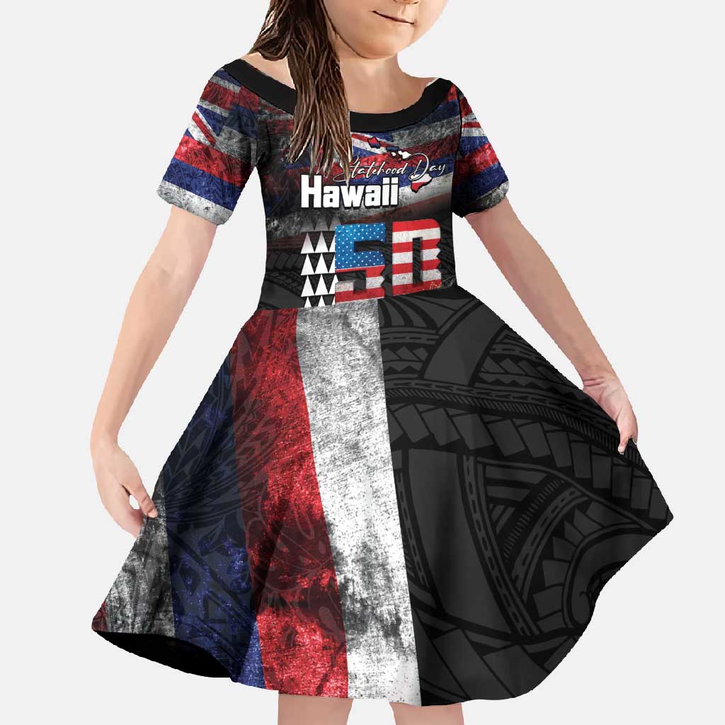 Hawaii Statehood Day Family Matching Short Sleeve Bodycon Dress and Hawaiian Shirt 50th state of the United States Kakau Tattoos and Hibiscus Grunge - Polynesian Pride