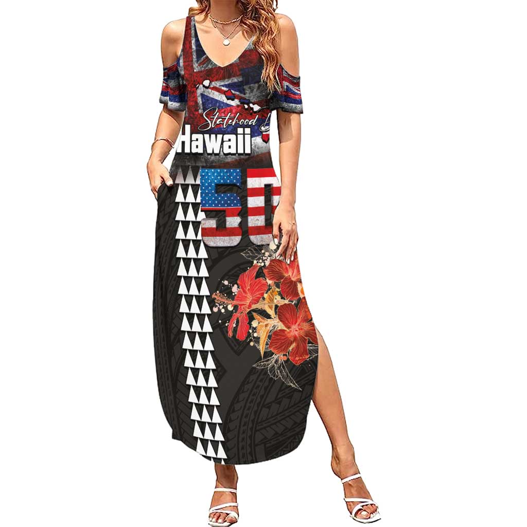 Hawaii Statehood Day Family Matching Summer Maxi Dress and Hawaiian Shirt 50th state of the United States Kakau Tattoos and Hibiscus Grunge - Polynesian Pride