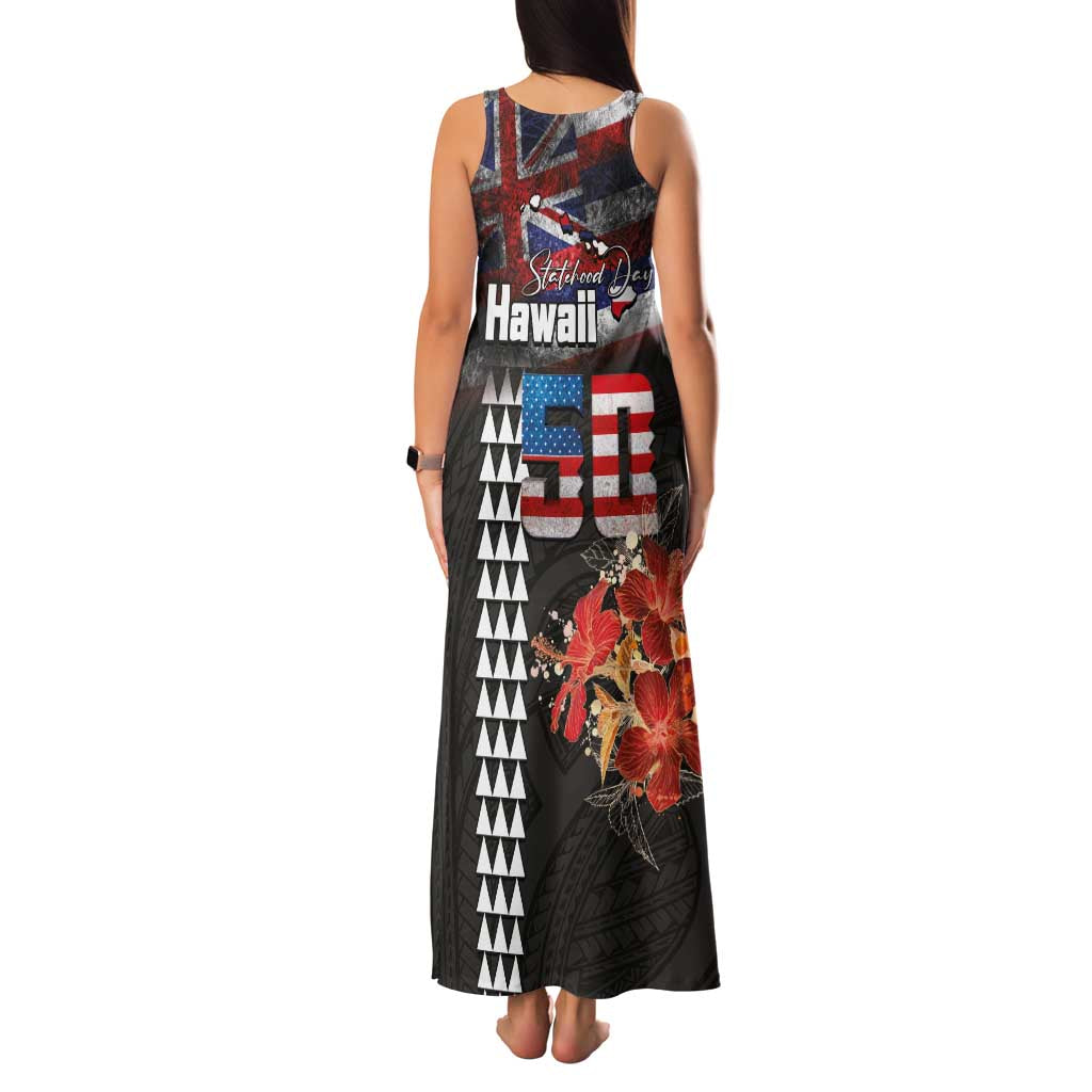 Hawaii Statehood Day Family Matching Tank Maxi Dress and Hawaiian Shirt 50th state of the United States Kakau Tattoos and Hibiscus Grunge - Polynesian Pride