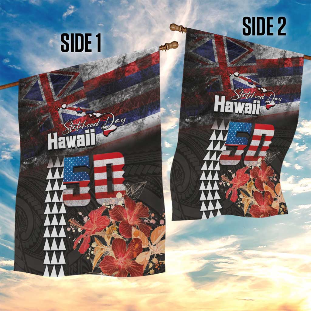 Hawaii Statehood Day Garden Flag 50th state of the United States Kakau Tattoos and Hibiscus Grunge - Polynesian Pride