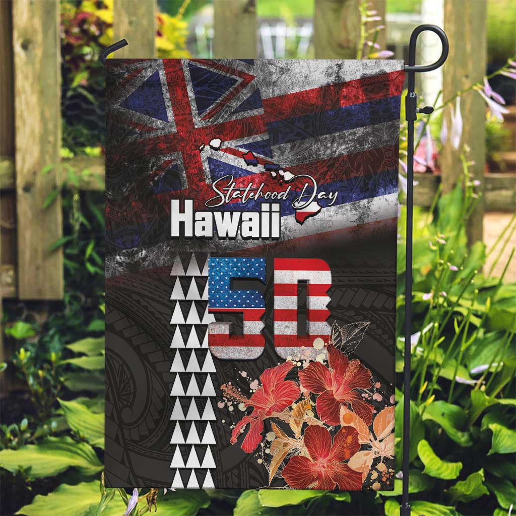 Hawaii Statehood Day Garden Flag 50th state of the United States Kakau Tattoos and Hibiscus Grunge - Polynesian Pride