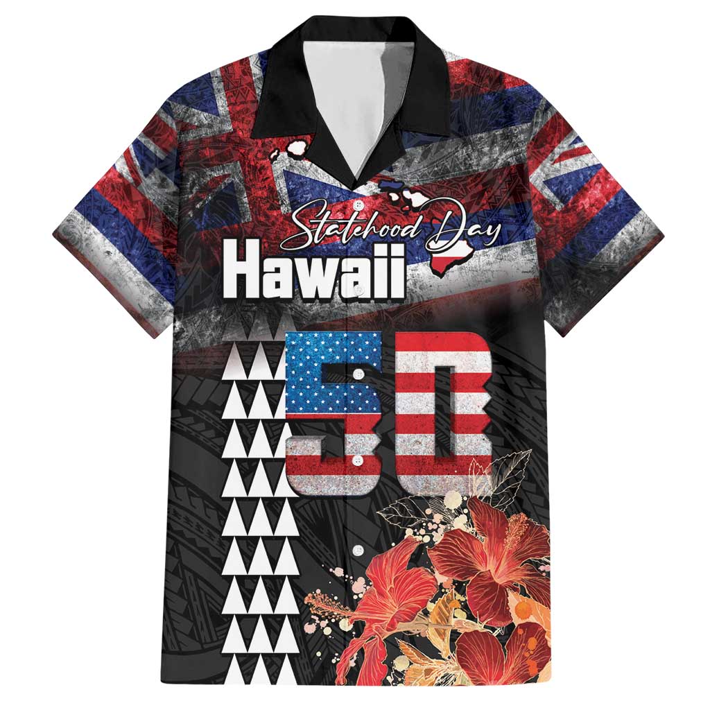 Hawaii Statehood Day Hawaiian Shirt 50th state of the United States Kakau Tattoos and Hibiscus Grunge - Polynesian Pride