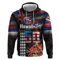 Hawaii Statehood Day Hoodie 50th state of the United States Kakau Tattoos and Hibiscus Grunge - Polynesian Pride