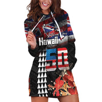 Hawaii Statehood Day Hoodie Dress 50th state of the United States Kakau Tattoos and Hibiscus Grunge - Polynesian Pride