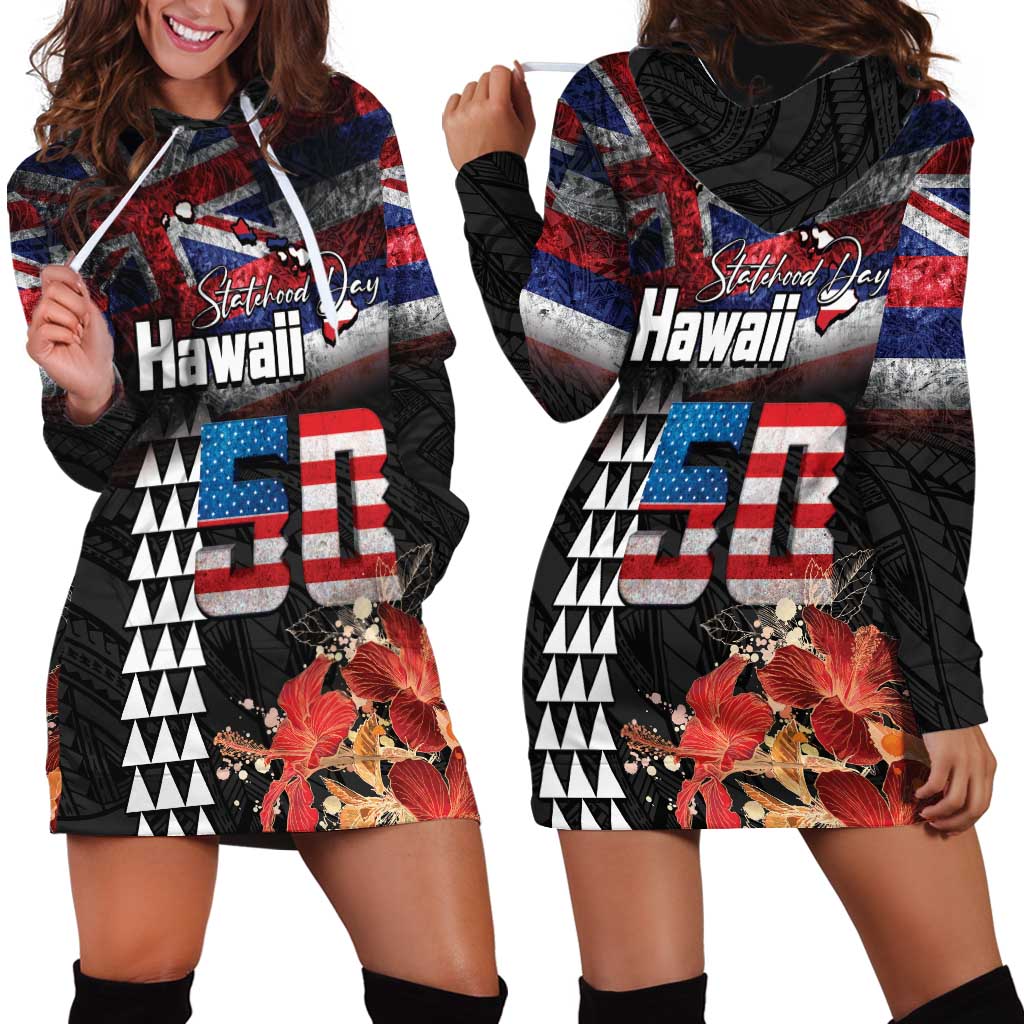 Hawaii Statehood Day Hoodie Dress 50th state of the United States Kakau Tattoos and Hibiscus Grunge - Polynesian Pride