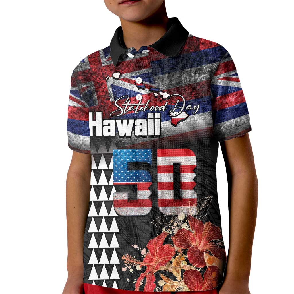 Hawaii Statehood Day Kid Polo Shirt 50th state of the United States Kakau Tattoos and Hibiscus Grunge - Polynesian Pride
