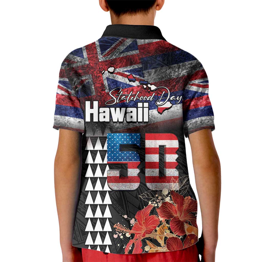 Hawaii Statehood Day Kid Polo Shirt 50th state of the United States Kakau Tattoos and Hibiscus Grunge - Polynesian Pride