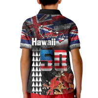 Hawaii Statehood Day Kid Polo Shirt 50th state of the United States Kakau Tattoos and Hibiscus Grunge - Polynesian Pride