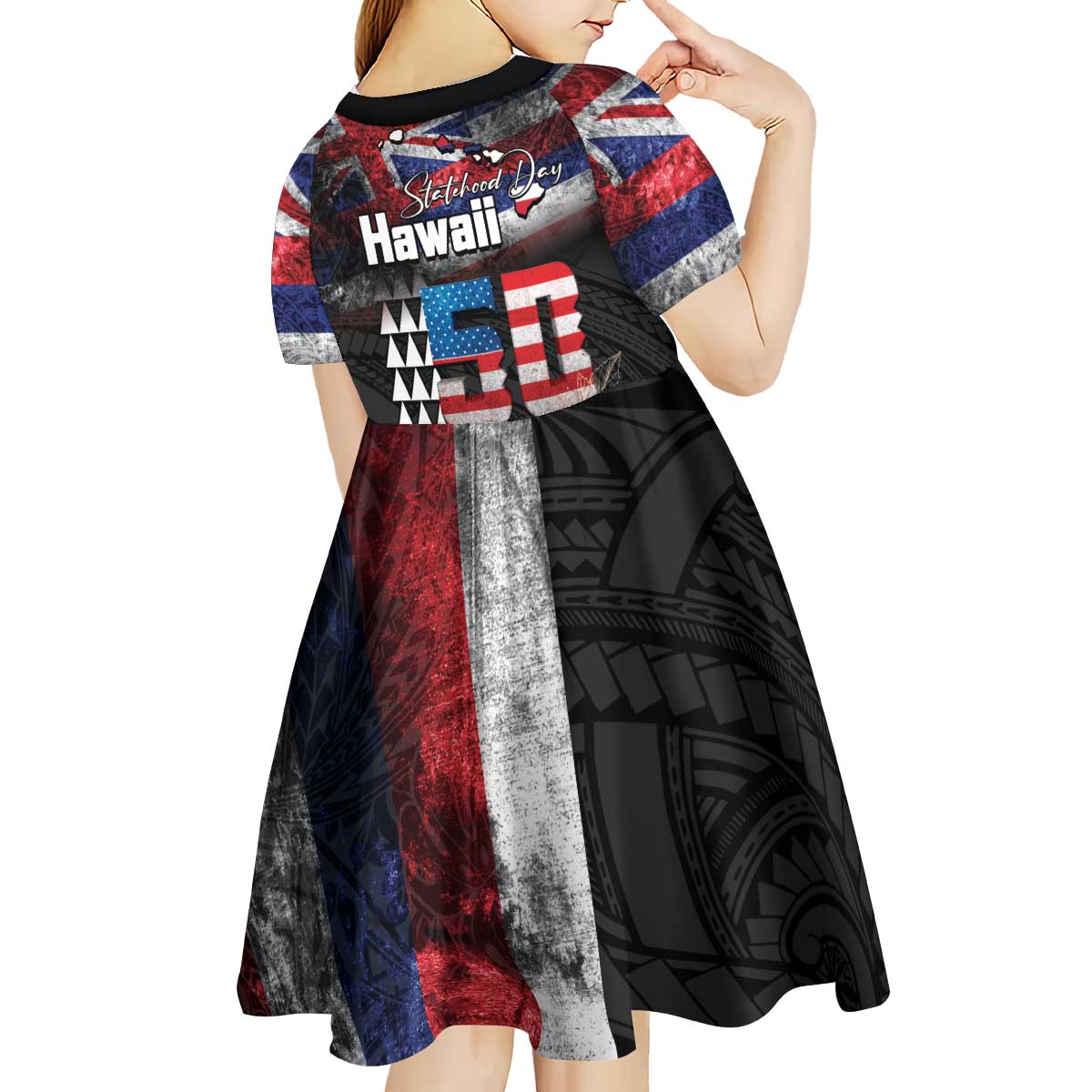 Hawaii Statehood Day Kid Short Sleeve Dress 50th state of the United States Kakau Tattoos and Hibiscus Grunge - Polynesian Pride