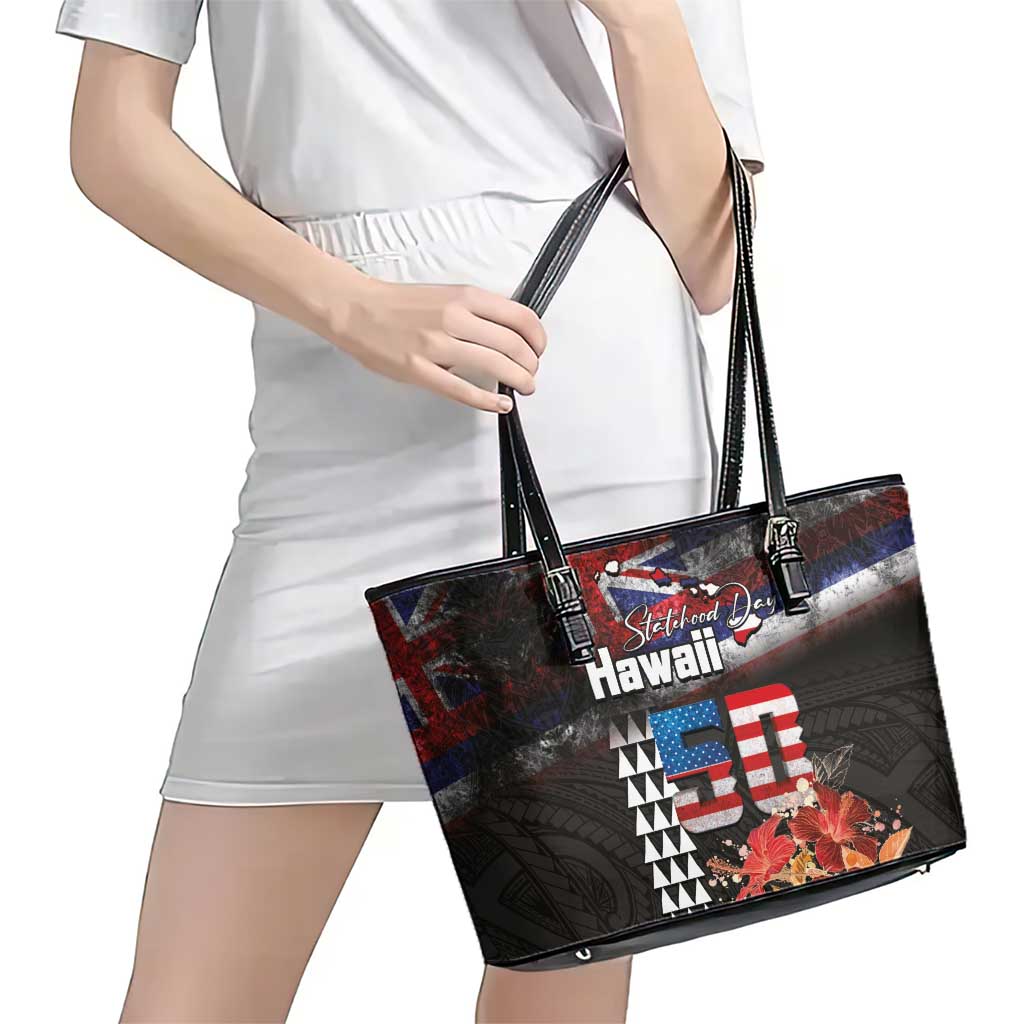 Hawaii Statehood Day Leather Tote Bag 50th state of the United States Kakau Tattoos and Hibiscus Grunge - Polynesian Pride