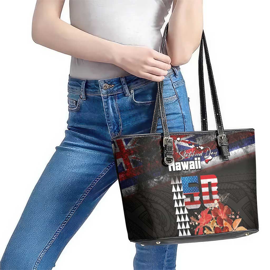 Hawaii Statehood Day Leather Tote Bag 50th state of the United States Kakau Tattoos and Hibiscus Grunge - Polynesian Pride
