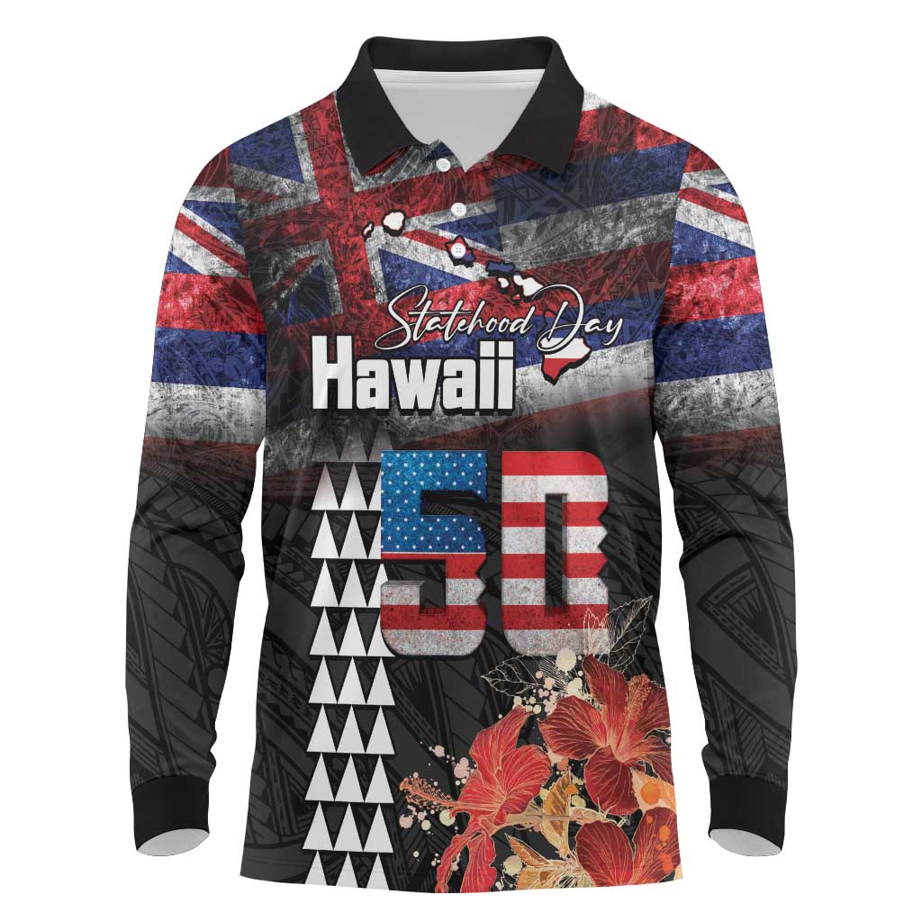Hawaii Statehood Day Long Sleeve Polo Shirt 50th state of the United States Kakau Tattoos and Hibiscus Grunge - Polynesian Pride