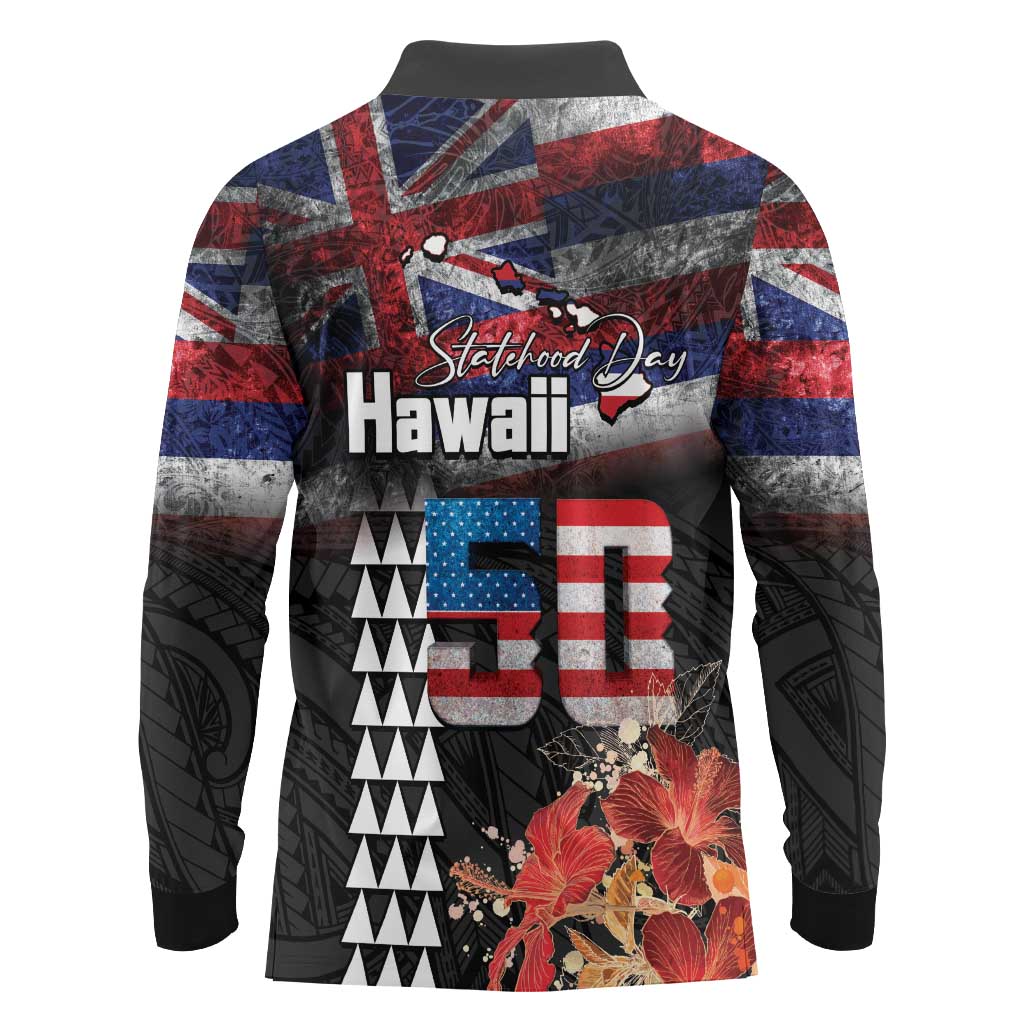 Hawaii Statehood Day Long Sleeve Polo Shirt 50th state of the United States Kakau Tattoos and Hibiscus Grunge - Polynesian Pride