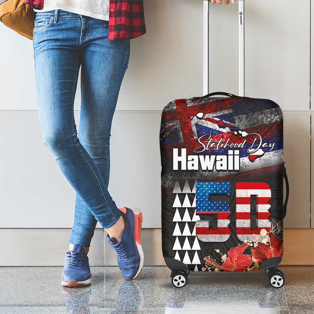 Hawaii Statehood Day Luggage Cover 50th state of the United States Kakau Tattoos and Hibiscus Grunge - Polynesian Pride