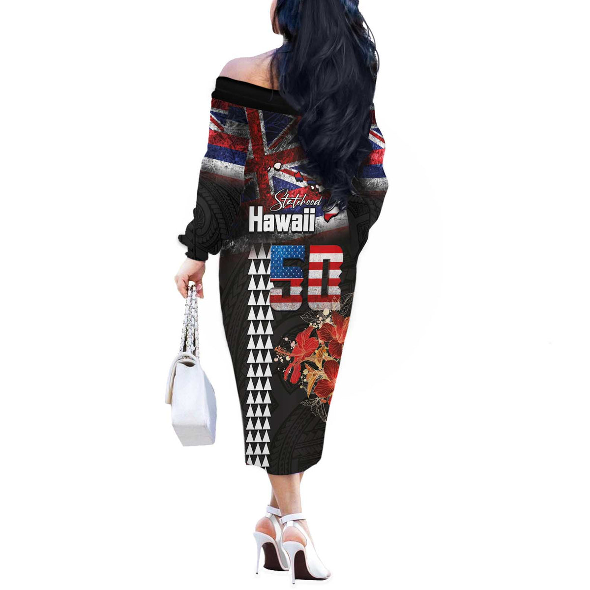 Hawaii Statehood Day Off The Shoulder Long Sleeve Dress 50th state of the United States Kakau Tattoos and Hibiscus Grunge - Polynesian Pride