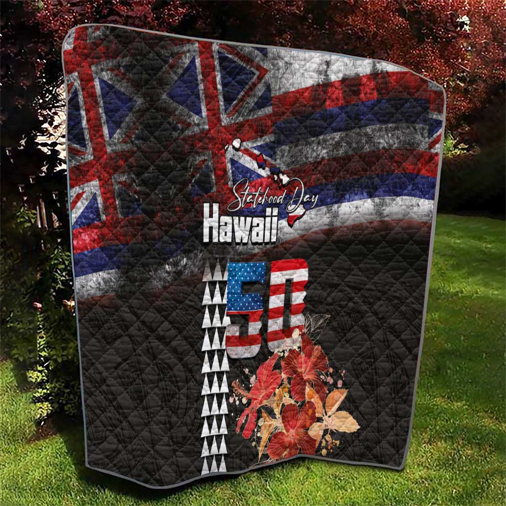 Hawaii Statehood Day Quilt 50th state of the United States Kakau Tattoos and Hibiscus Grunge - Polynesian Pride