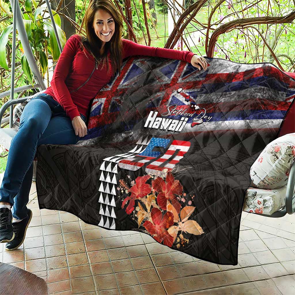Hawaii Statehood Day Quilt 50th state of the United States Kakau Tattoos and Hibiscus Grunge - Polynesian Pride