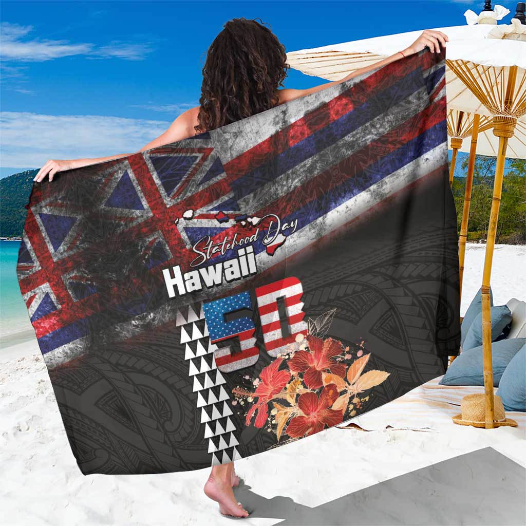 Hawaii Statehood Day Sarong 50th state of the United States Kakau Tattoos and Hibiscus Grunge - Polynesian Pride