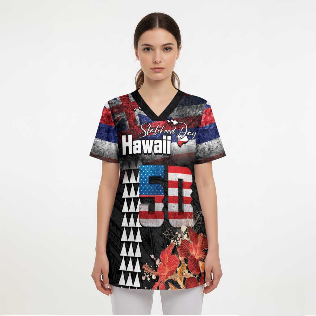 Hawaii Statehood Day Scrub Top 50th state of the United States Kakau Tattoos and Hibiscus Grunge - Polynesian Pride