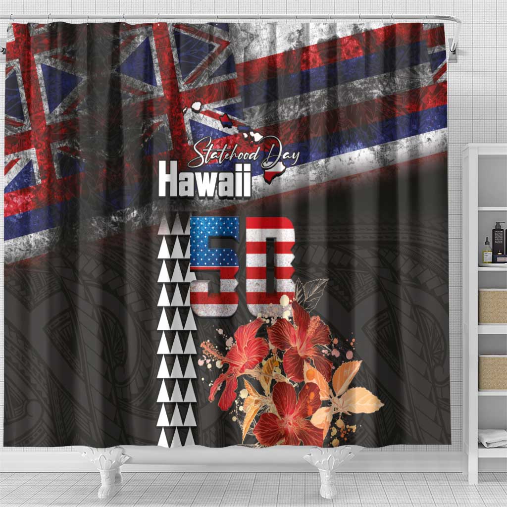 Hawaii Statehood Day Shower Curtain 50th state of the United States Kakau Tattoos and Hibiscus Grunge - Polynesian Pride