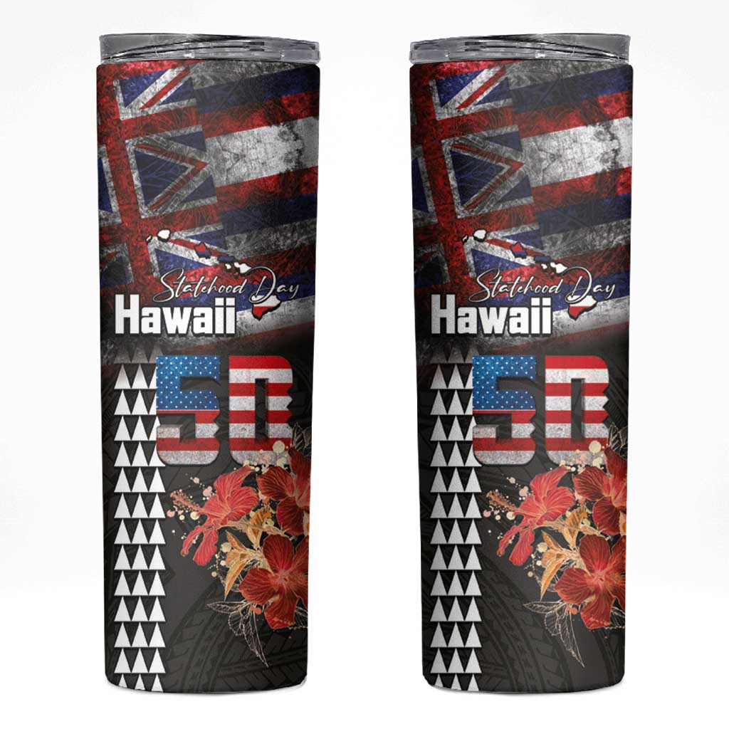 Hawaii Statehood Day Skinny Tumbler 50th state of the United States Kakau Tattoos and Hibiscus Grunge - Polynesian Pride
