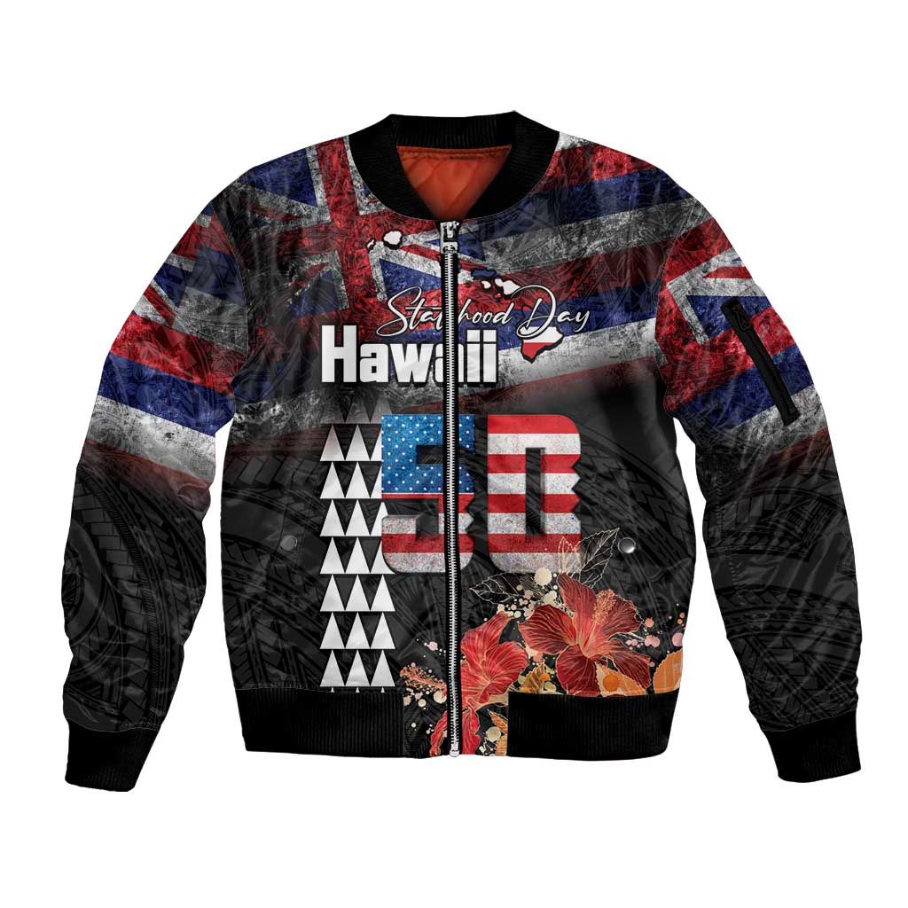 Hawaii Statehood Day Sleeve Zip Bomber Jacket 50th state of the United States Kakau Tattoos and Hibiscus Grunge - Polynesian Pride