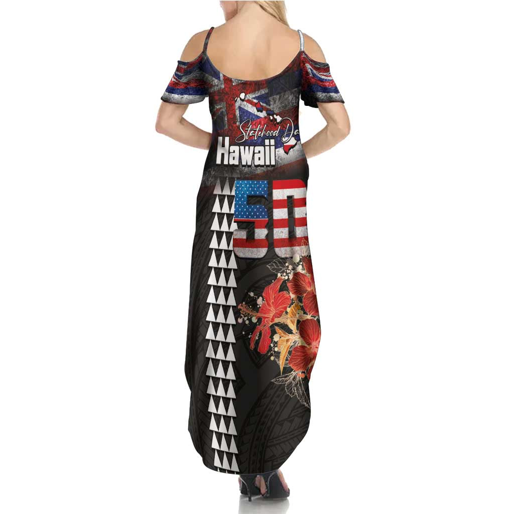 Hawaii Statehood Day Summer Maxi Dress 50th state of the United States Kakau Tattoos and Hibiscus Grunge - Polynesian Pride
